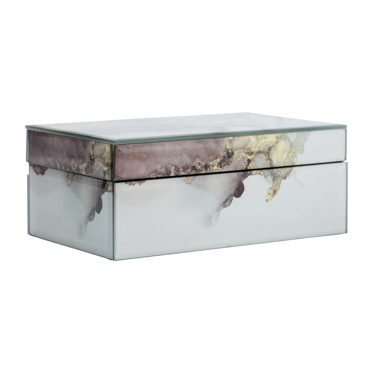 Decorative Box - White/Beige/Gold Wood Abstract, 8x3 in.