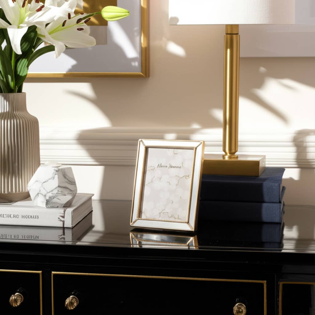 Gold 5x7 in. Resin Photo Frame with Mirrored Beaded Border
