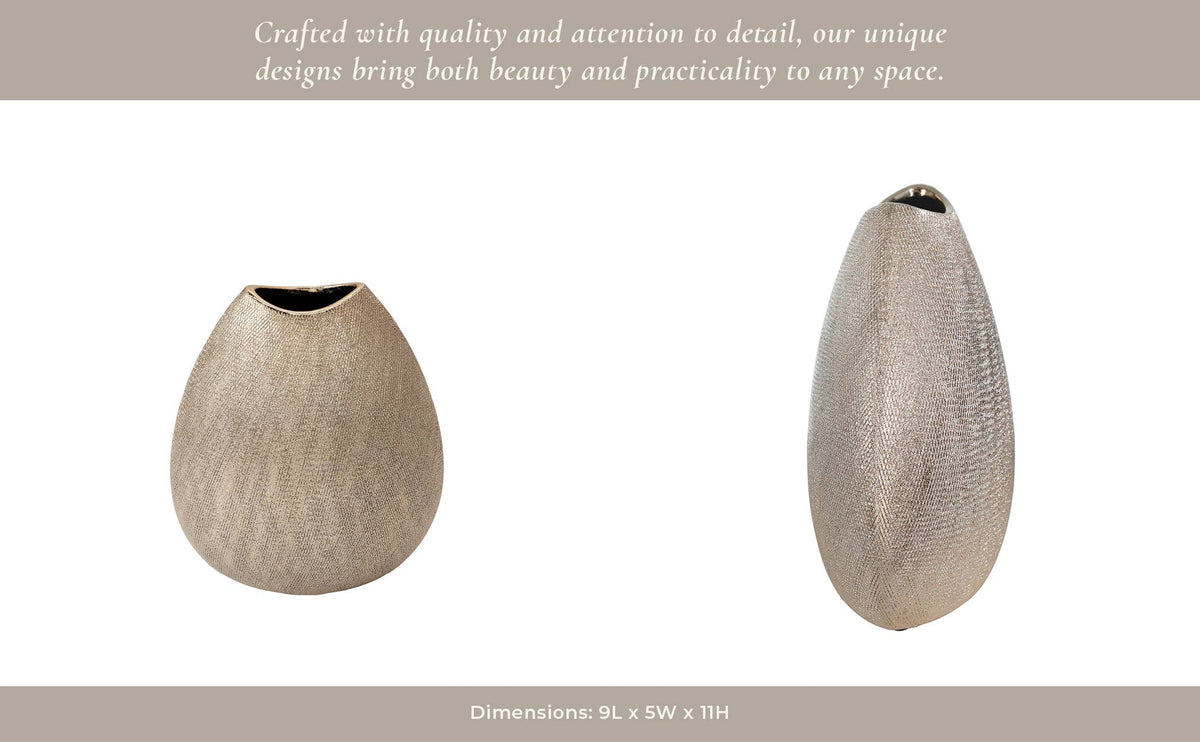 Decorative Vase - Silver Ceramic Teardrop Textured, 11 in.
