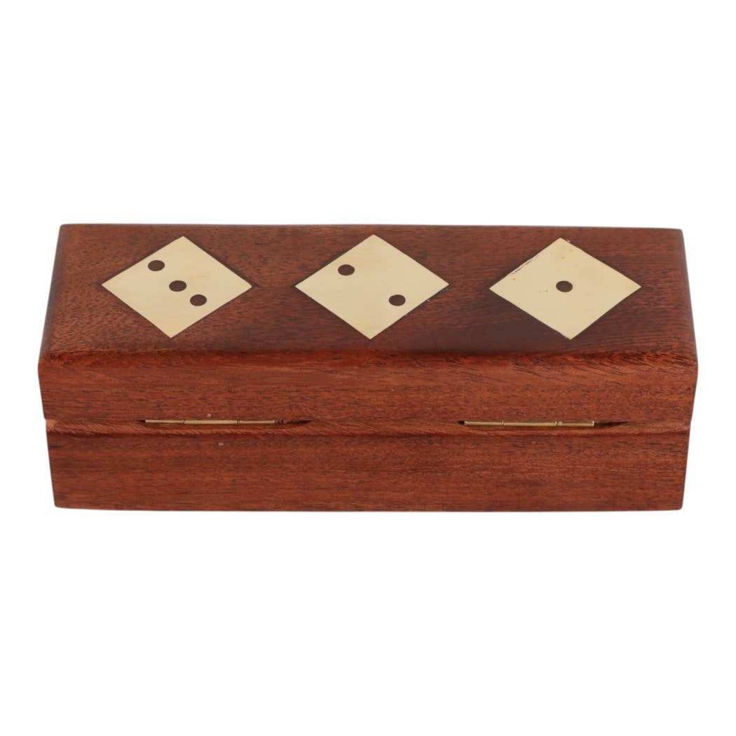 Board Game - Brown Acacia Wood/Metal 5 Dice Box Set, 5 in.