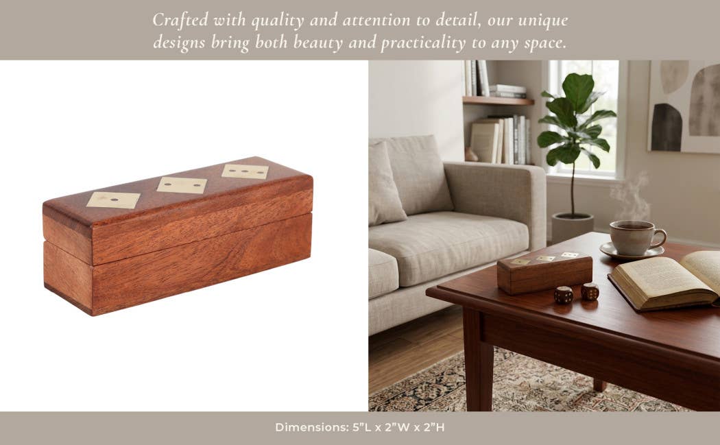 Board Game - Brown Acacia Wood/Metal 5 Dice Box Set, 5 in.