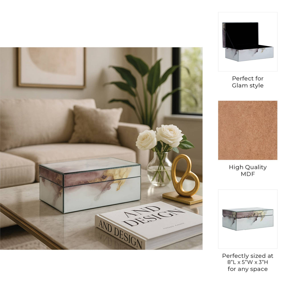 Decorative Box - White/Beige/Gold Wood Abstract, 8x3 in.