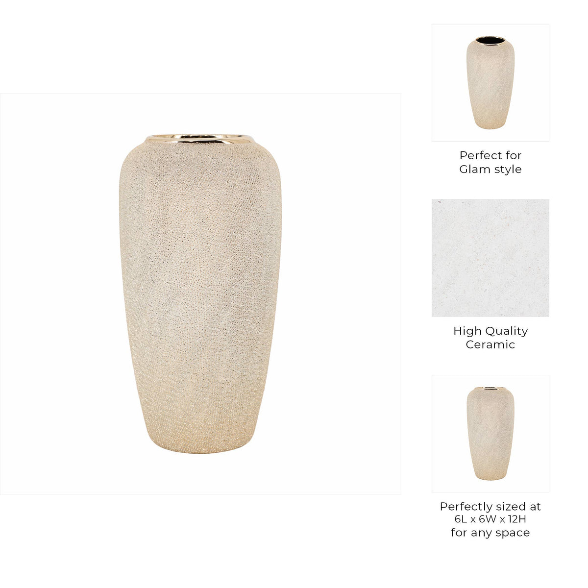 Decorative Vase - Silver Ceramic Teardrop Textured, 12 in.