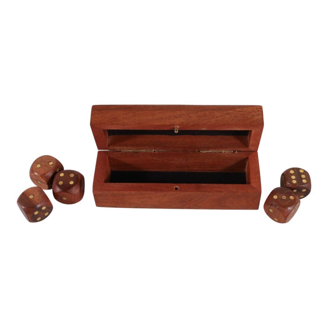 Board Game - Brown Acacia Wood/Metal 5 Dice Box Set, 5 in.