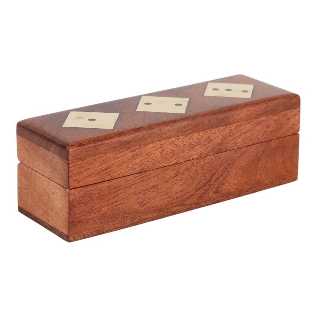 Board Game - Brown Acacia Wood/Metal 5 Dice Box Set, 5 in.