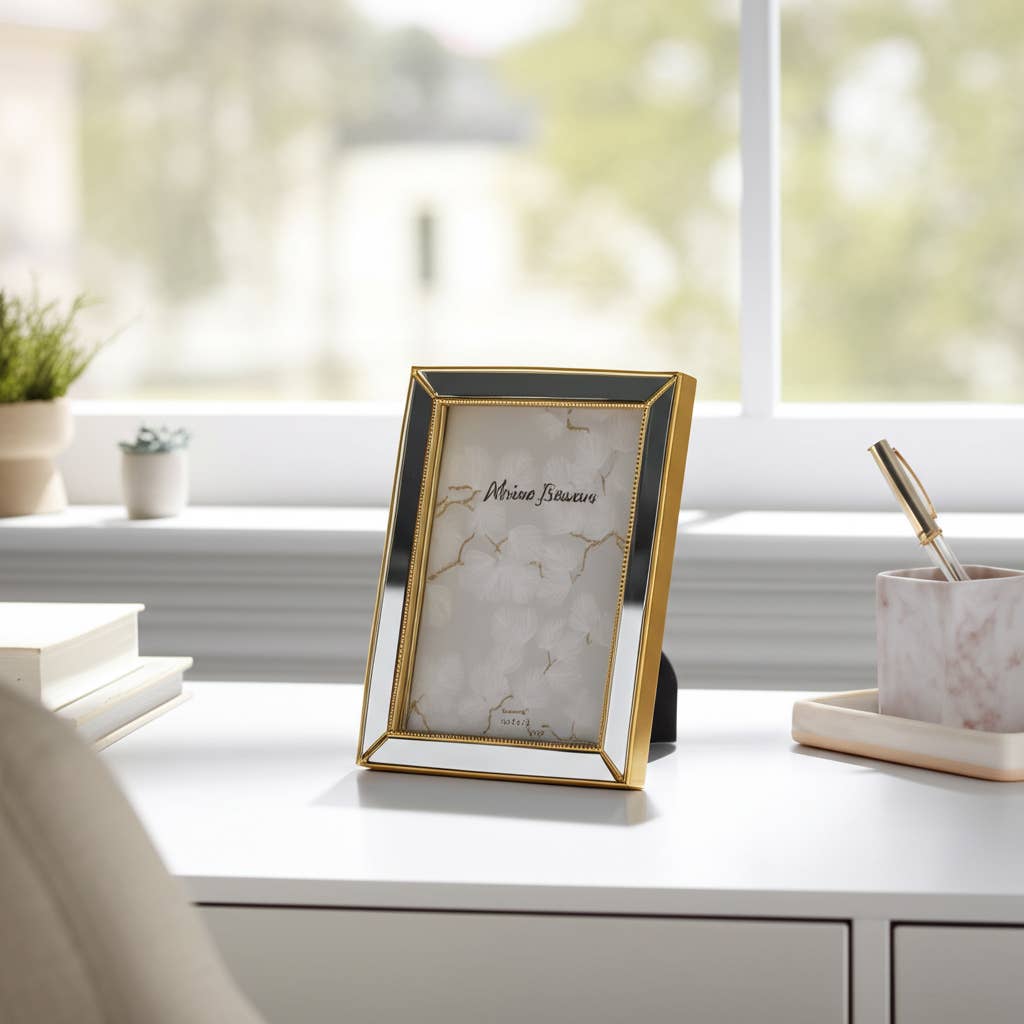 Gold 4x6 in. Resin Photo Frame with Mirrored Beaded Border