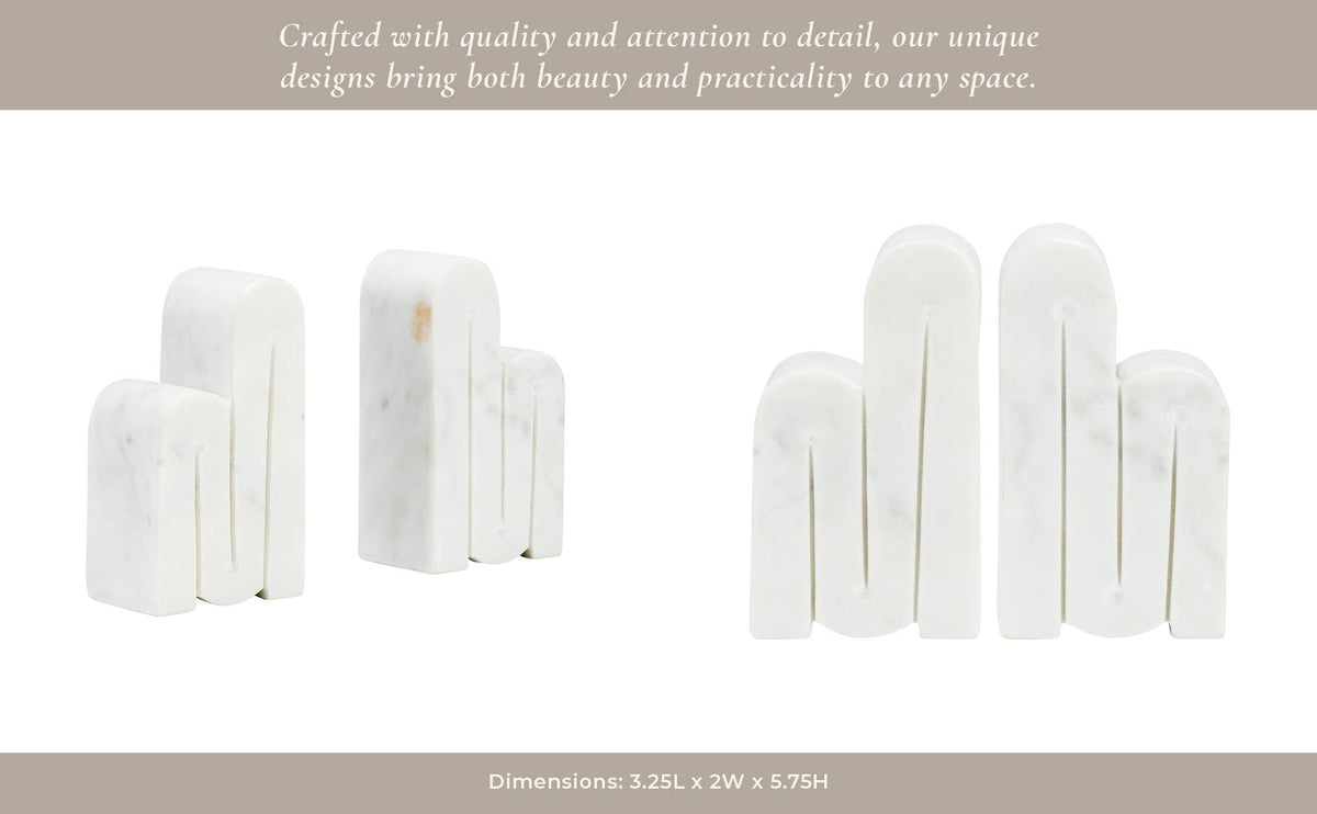Bookends Set of 2 - White Marble Geometric Swirly, 6 in.