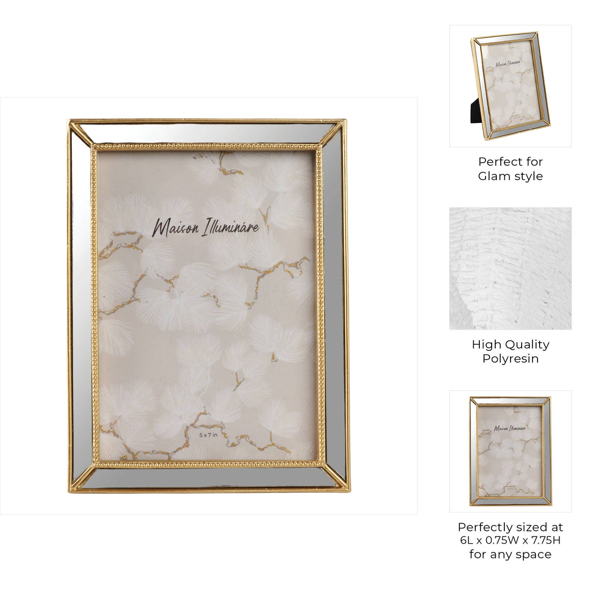 Gold 5x7 in. Resin Photo Frame with Mirrored Beaded Border