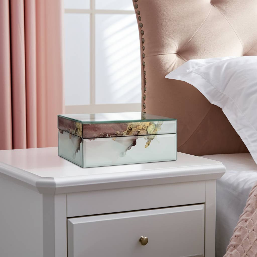 Decorative Box - White/Beige/Gold Wood Abstract, 8x3 in.