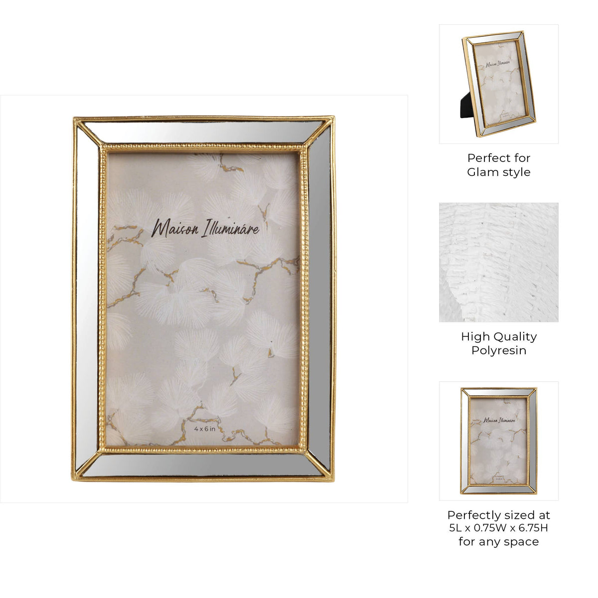 Gold 4x6 in. Resin Photo Frame with Mirrored Beaded Border