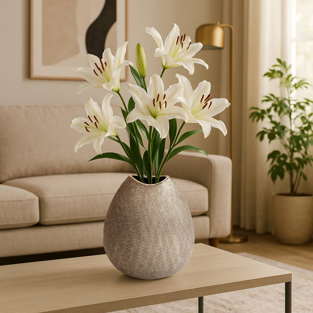 Decorative Vase - Silver Ceramic Teardrop Textured, 11 in.
