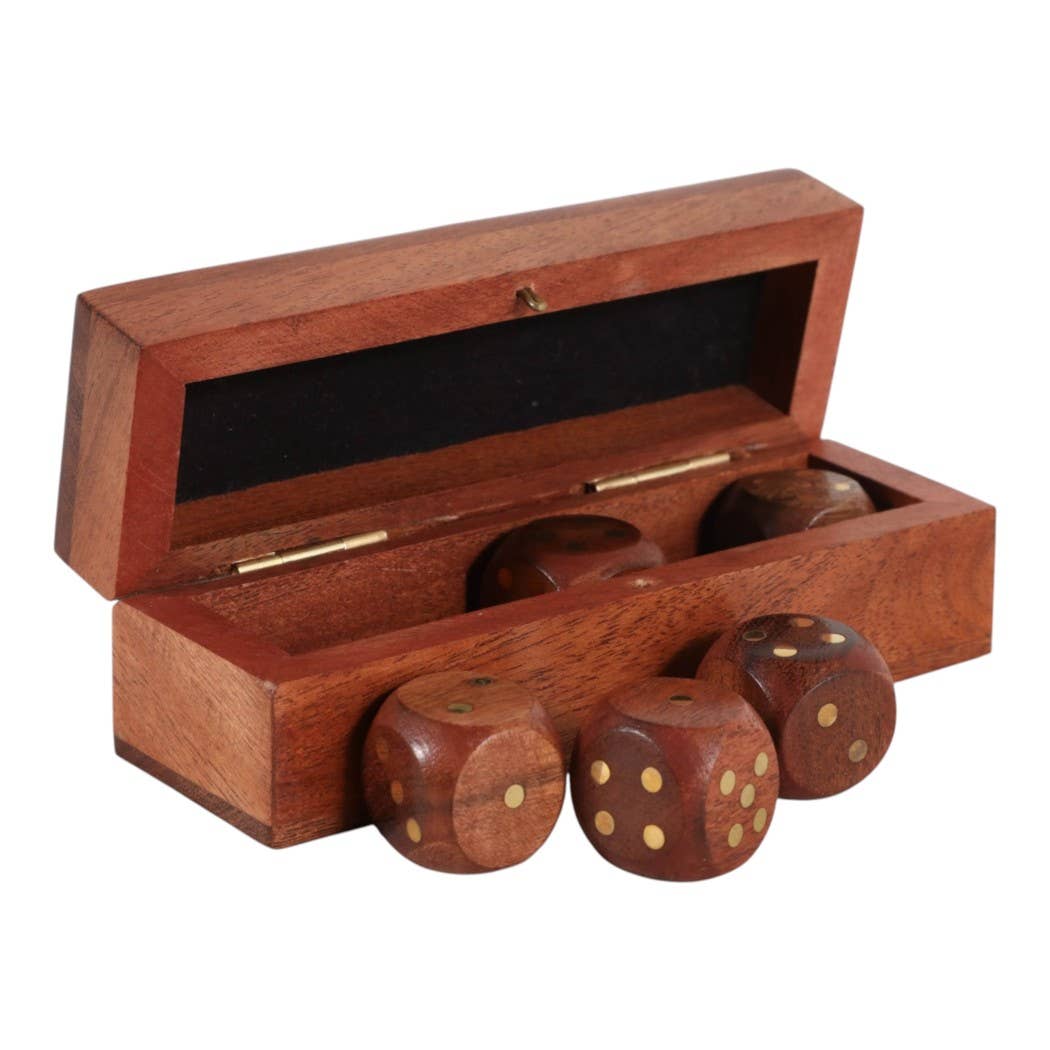 Board Game - Brown Acacia Wood/Metal 5 Dice Box Set, 5 in.