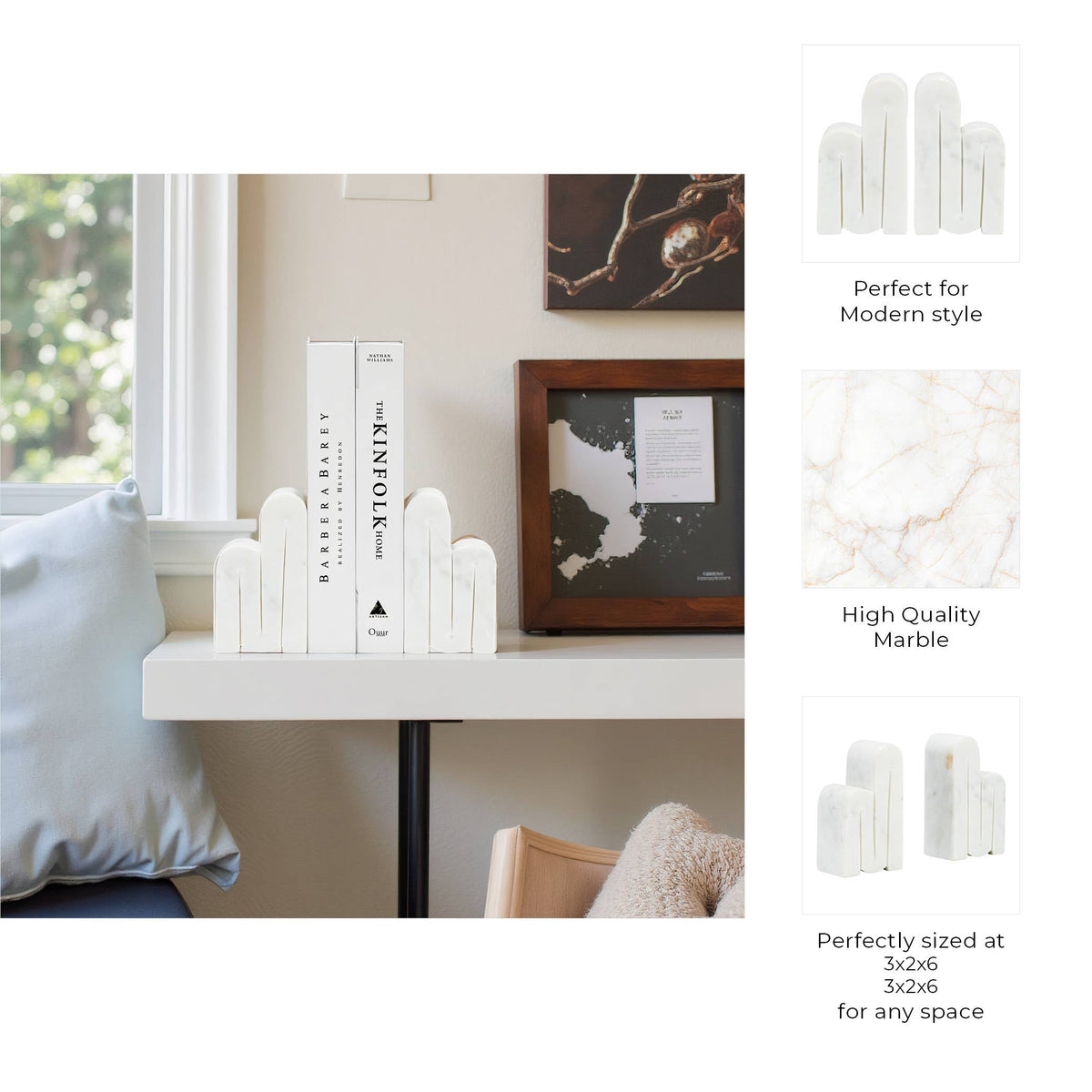 Bookends Set of 2 - White Marble Geometric Swirly, 6 in.