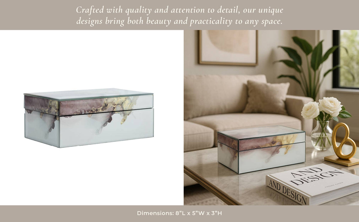 Decorative Box - White/Beige/Gold Wood Abstract, 8x3 in.