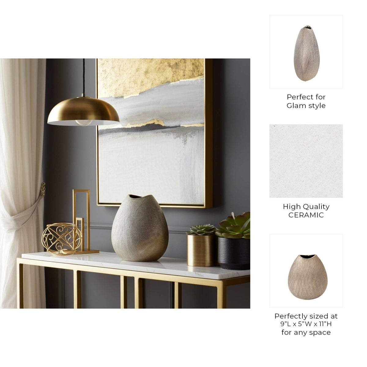 Decorative Vase - Silver Ceramic Teardrop Textured, 11 in.