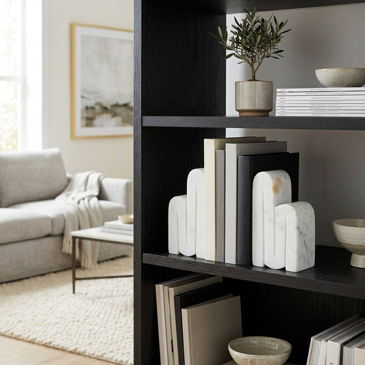 Bookends Set of 2 - White Marble Geometric Swirly, 6 in.