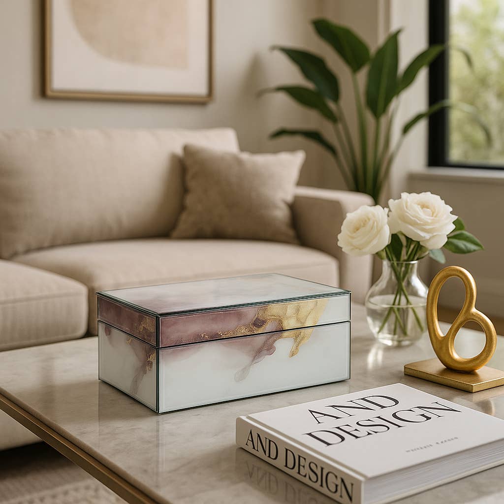 Decorative Box - White/Beige/Gold Wood Abstract, 8x3 in.