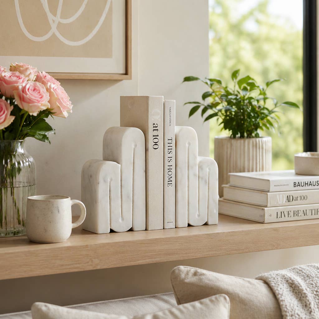 Bookends Set of 2 - White Marble Geometric Swirly, 6 in.