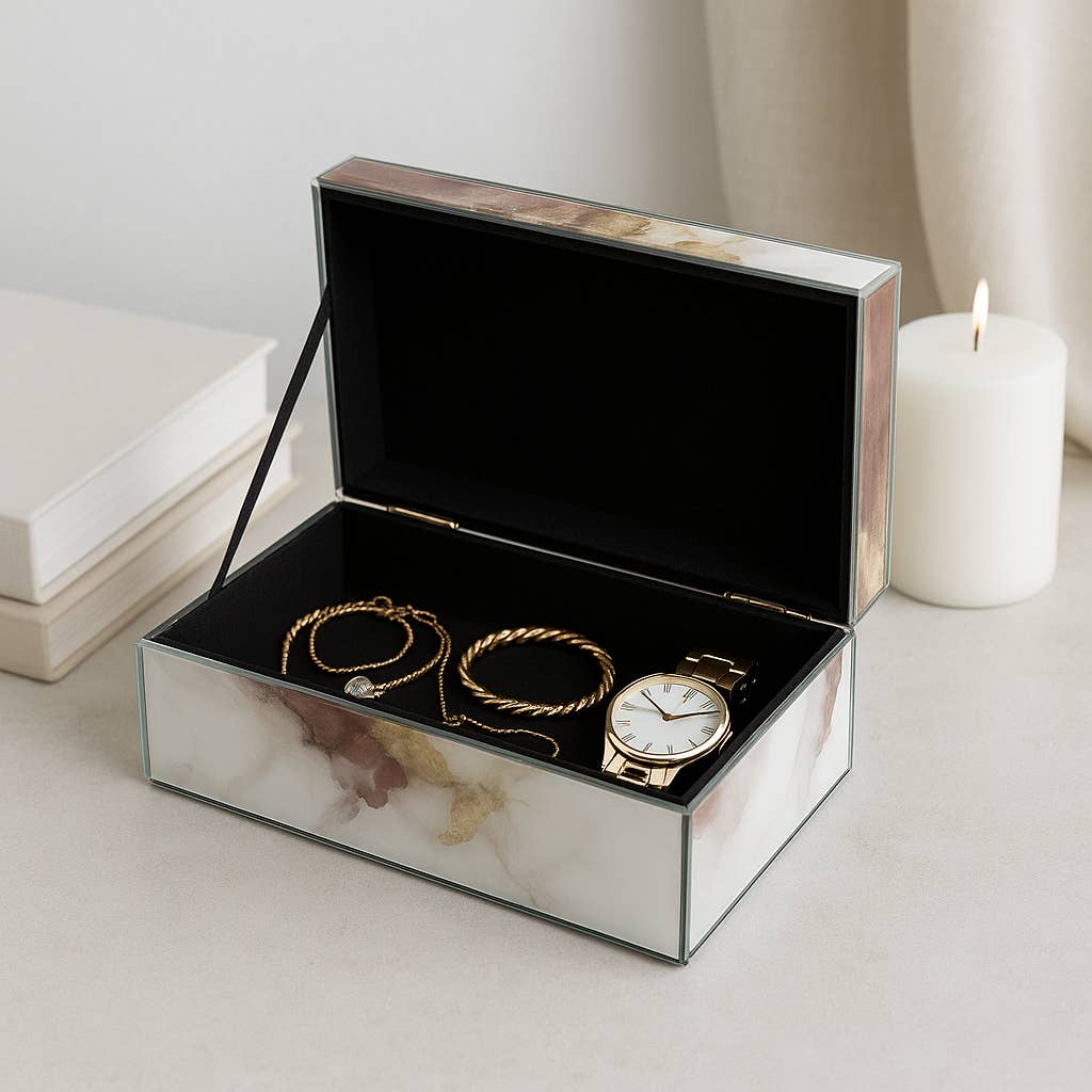 Decorative Box - White/Beige/Gold Wood Abstract, 8x3 in.