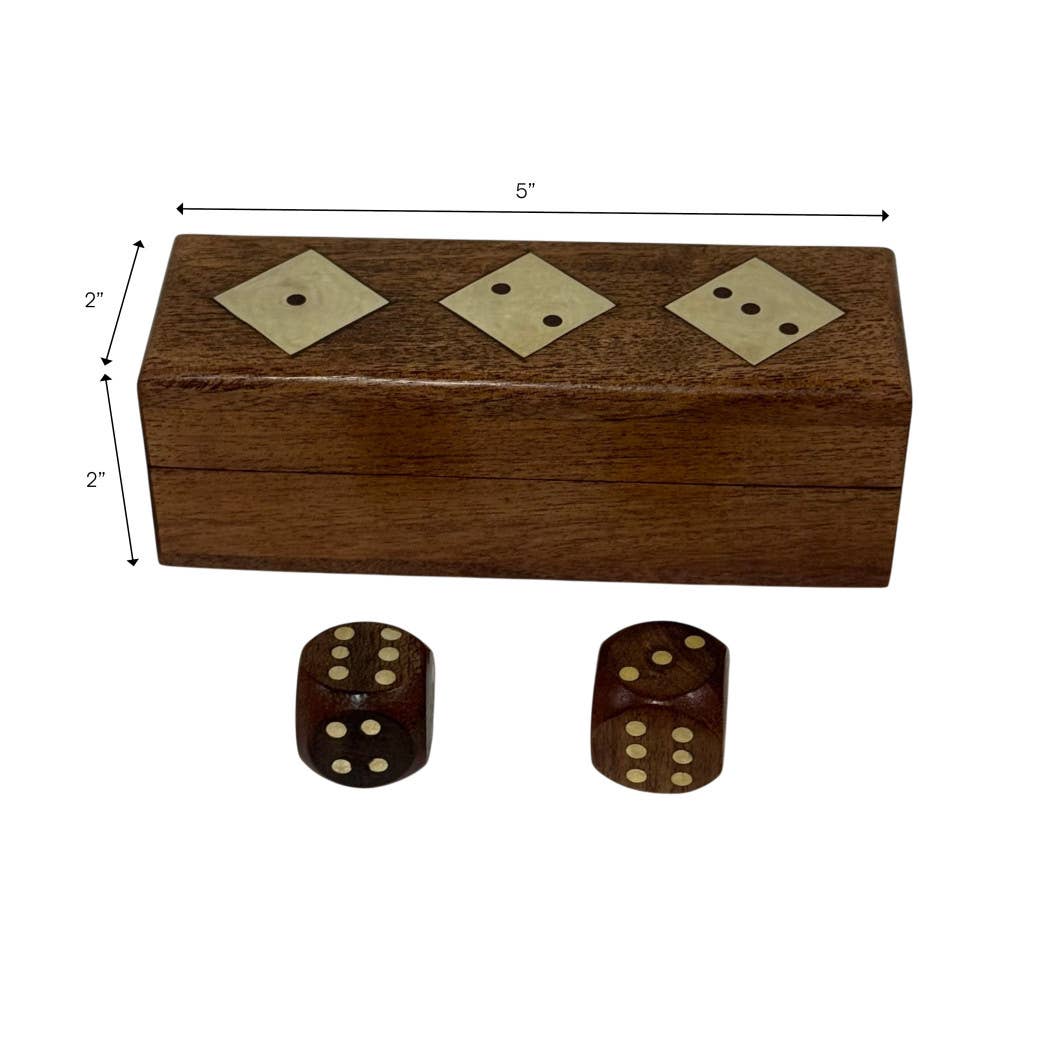 Board Game - Brown Acacia Wood/Metal 5 Dice Box Set, 5 in.