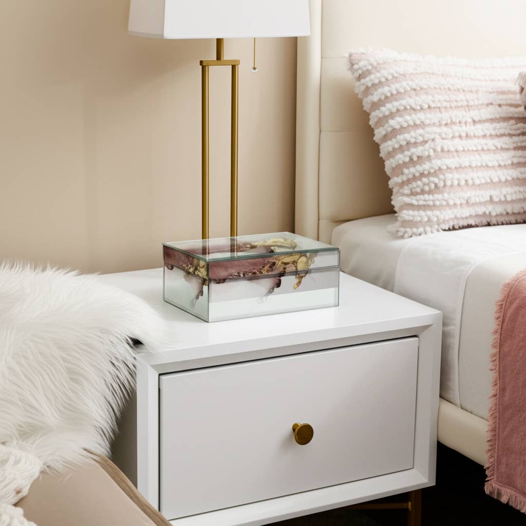 Decorative Box - White/Beige/Gold Wood Abstract, 8x3 in.