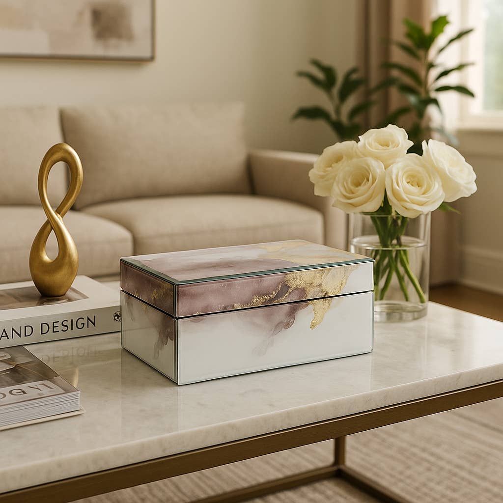 Decorative Box - White/Beige/Gold Wood Abstract, 8x3 in.